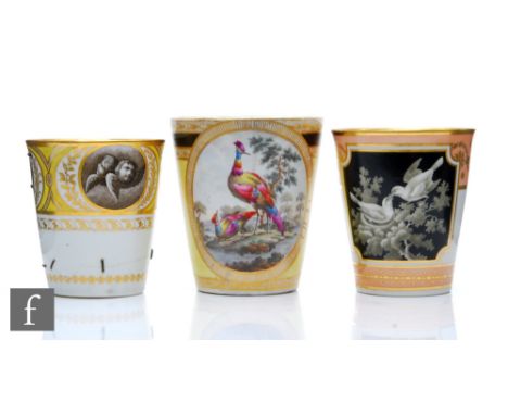 A 19th Century Flight and Barr Worcester tumbler decorated with three&nbsp;grisaille panels - a lamb, cherub heads and doves 