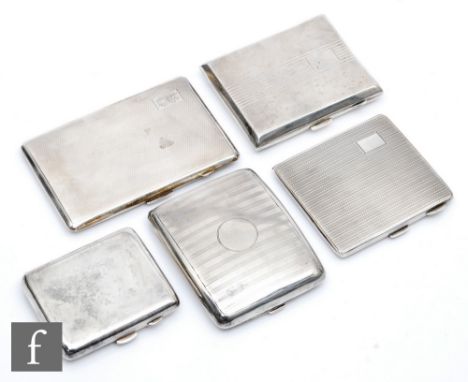 Five early 20th Century hallmarked silver cigarette cases, four with engine turned decoration and one plain, total weight 22.