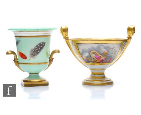 A 19th Century Barr, Flight and Barr twin handled pedestal bowl decorated with two doves pulling a flaming torch and pink ros