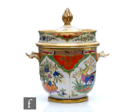 A 19th Century Worcester ice pail, liner and cover decorated in the Dragons in Compartments pattern, unmarked, height 30cm, A
