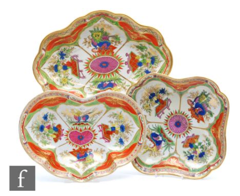 Three 19th Century Worcester dishes of varying form decorated in the Dragons in Compartments pattern, all unmarked, largest 2