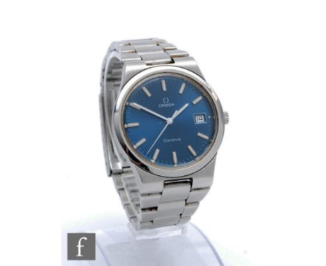 A stainless steel Omega manual wind wristwatch, white and silvered batons to a blue dial with date facility, case diameter 38