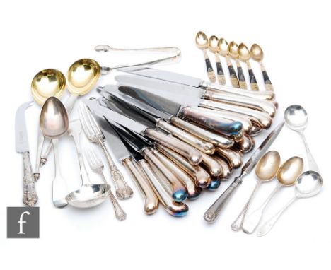 A parcel lot of assorted hallmarked silver flat ware to include a sauce ladle, two serving spoons, sugar tongs etc, total wei