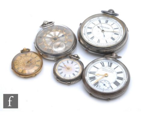 Five assorted silver, white metal and gold open faced pocket watches to include a continental 14ct fob watch, a silver chrono