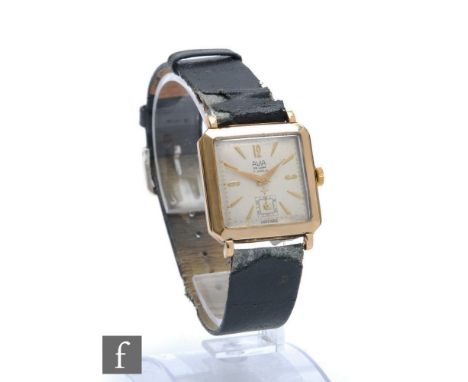 A mid 20th Century 9ct hallmarked Avia, manual, wrist watch batons and Arabic numerals to a square dial, case diameter 28mm, 