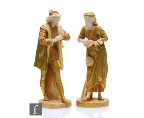 A pair of later 19th Century Royal Worcester figures of musicians modelled by James Hadley, the first a lady playing the mand