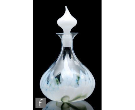 A 1970s Holmegaard glass decanter in the Snowdrop pattern, designed by Per Lutken, the low shouldered clear body with opal an