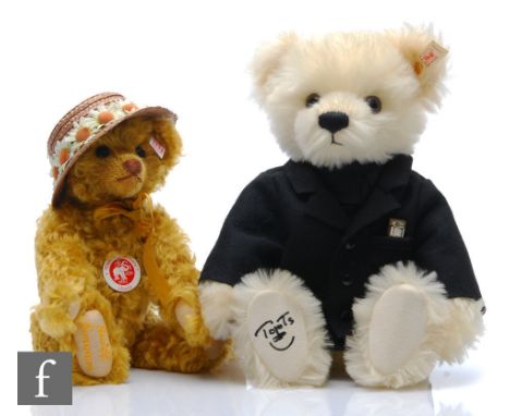 Two Steiff teddy bears, 660092 Toots Thielemans Bear, white mohair, wearing black felt jacket with mouth organ in pocket, lim