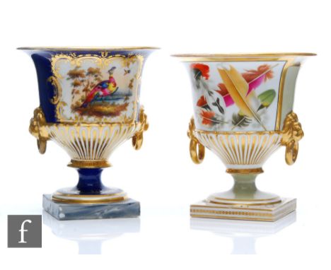 Two 19th Century Chamberlain Worcester pedestal urn vases, the first decorated with a hand painted exotic bird against a blue