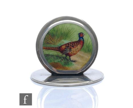 A hallmarked silver circular menu holder enamel decorated with a standing pheasant in a landscape setting, weight 42g, height