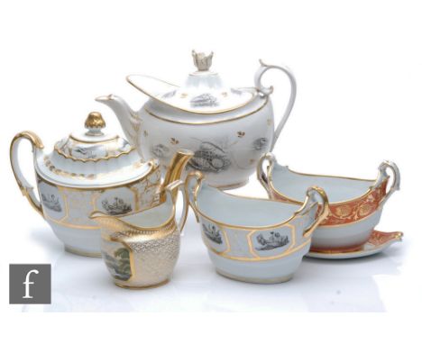 A 19th Century Flight Barr and Barr teapot of silver form, bat printed with cartouche panels of classical figures against a g