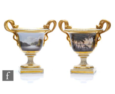 A pair of 19th Century Barr Flight and Barr Worcester pedestal vases each with a hand painted named view, the first with a sc