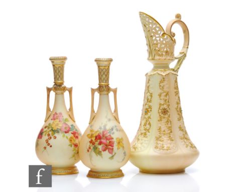 An early 20th Century Grainger &amp; Co Worcester jug, the moulded lobed body with a gilt foliate pattern with a reticulated 