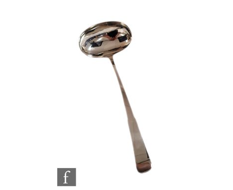 A silver soup ladle of plain form, weight 7.5oz, length 36cm, not hallmarked just maker's mark. 