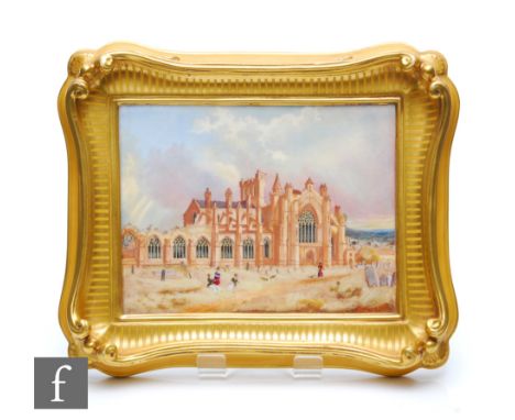 A 19th Century porcelain panel decorated with a hand painted scene of Melrose Abbey with figures and headstones in the foregr