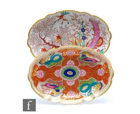 Two 19th Century Barr Flight and Barr Chinoiserie oval dishes, the first decorated with four stylised dragons against a burnt