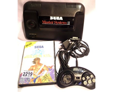 Sega Master System II console with AV connection and aftermarket controller (no power pack) and boxed Golden Axe game cartrid