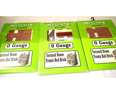 Three Metcalfe 0802 O gauge card building kits, terraced house fronts in red brick, appears  complete, unchecked. P&amp;P Gro