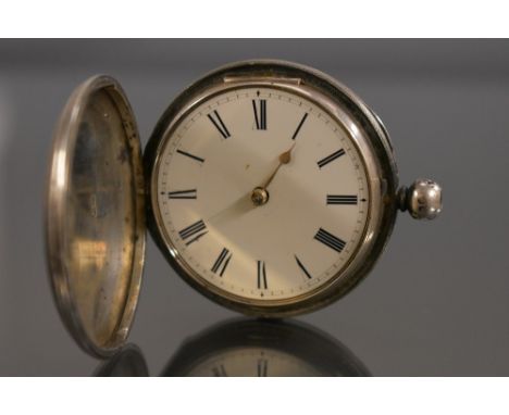 A Victorian silver hunter pocket watch,  white dial, Roman numerals, minute track, single gold coloured hand, verge fusee mov