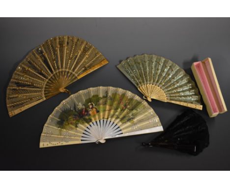 A late 19th century French lady's fan, Cupid Hunting, painted with a titled depiction of an 18th century beau and his lady be
