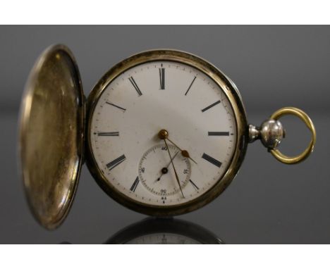 A continental silver full hunter pocket watch, Robert Monnuot Locle, white enamel dial, Roman numerals, minute track, subsidi