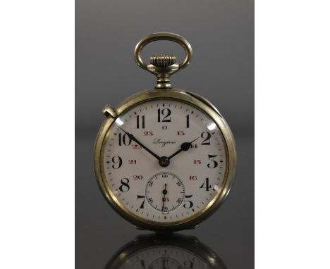 Longines - a Rail road stainless steel open face pocket watch, white dial, black and red Arabic numerals, minute track, subsi