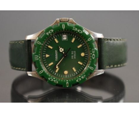 Tissot - a gentleman's  PR50 Atollo wristwatch, green dial, bezel and bracelet, luminous arrow and block batons, minute track