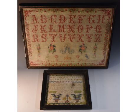 An early 20th century alphabet sampler Armandine Bouchereau St Jean 1905, framed; another 1849 (2)