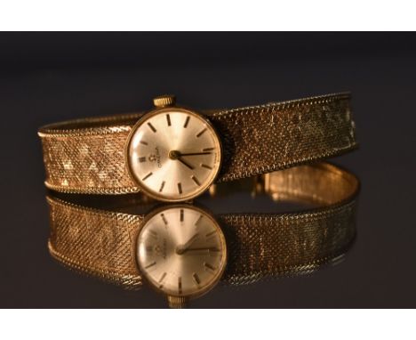 Omega - a vintage lady's 9ct gold cased bracelet wristwatch, 1061, silvered dial, block batons, silvered hands, manual wind 4