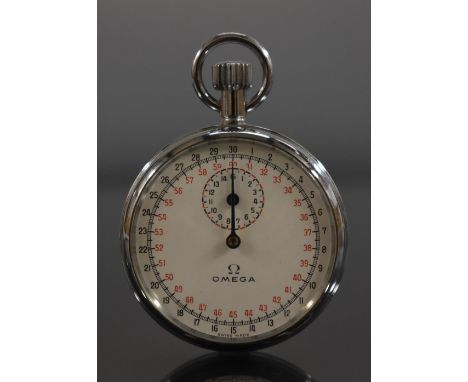 An Omega split seconds chrome cased stop watch, white dial, outer 1.-30 black register, inner red 31-60 register, subsidiary 