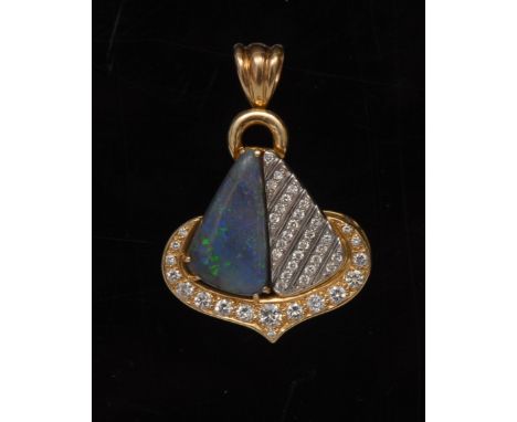 A diamond and black opal Lyre pendant, inset with a single free form black opal and forty four round cut diamonds ranging fro