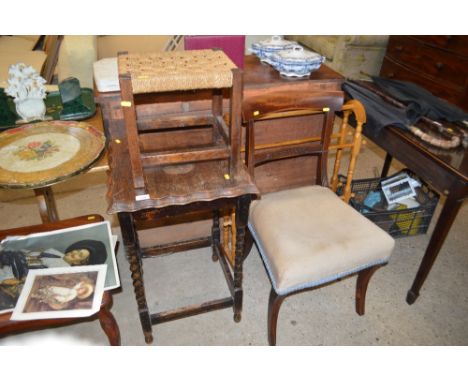 A mahogany dining chair; a pine towel rail; an oak side table raised on barleytwist supports; and an oak string topped stool