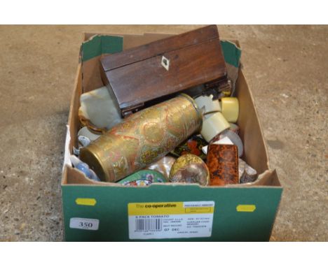 A box containing a sarcophagus shaped tea caddy, brass vase, enamel dish, painted egg, cocktail shaker etc.