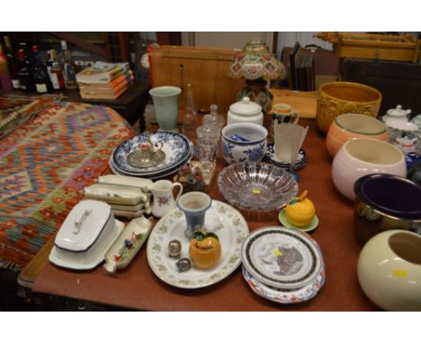 A quantity of decorative china to include papier maché table lamp, cheese dish and cover, corn dishes, meat plates, cut glass