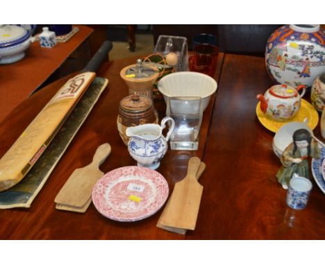A quantity of sundry items to include butter pats, Doulton Lambeth jar and cover, coffee grinder, glass buoy, glass cheese di