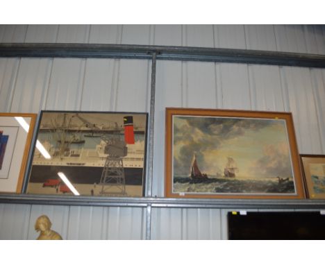 After Simon de Vlieger, oleograph entitled 'Marine' and a large poster 'Loading Mails at the docks in London 1934'