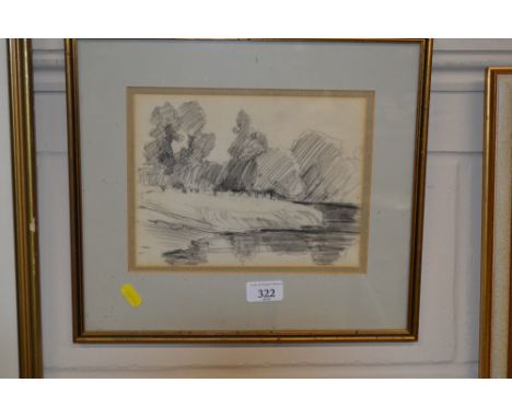A framed and glazed unsigned pencil sketch of a landscape
