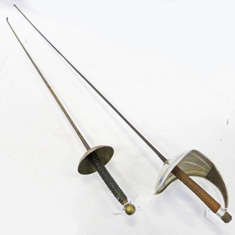FENCING SABRE WITH BOWL GUARD AND WOODEN HILT AND A FENCING FOIL WITH