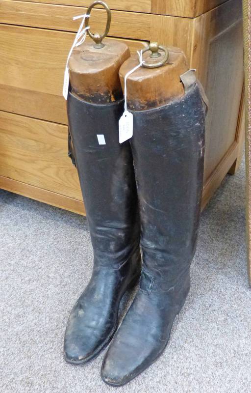 PAIR OF 19TH CENTURY MEN'S BLACK LEATHER RIDING BOOTS, WITH A PAIR OF