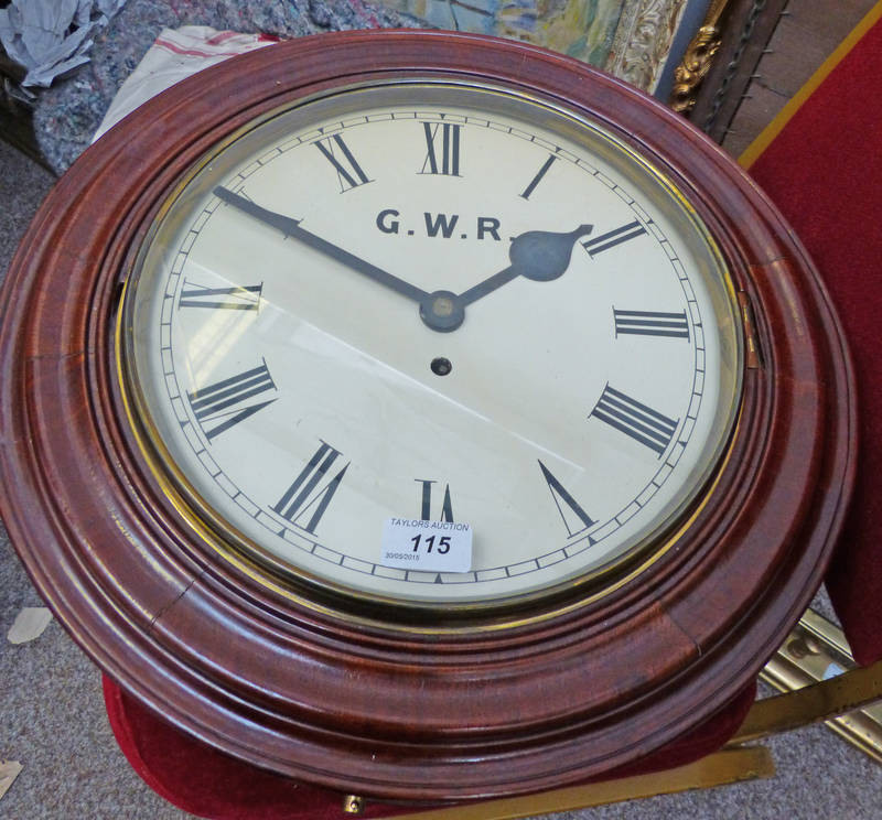 GREAT WESTERN RAILWAY MAHOGANY WALL CLOCK WITH FUSEE WORKS, GWR TO FACE