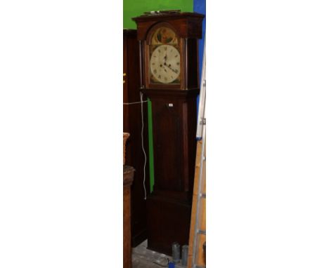 A 19th century oak longcase clock, the 32 cm painted dial to the eight day two train movement striking on a bell, contained i