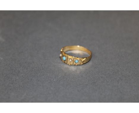 A Victorian 22ct gold turquoise and seed pearl ring, set with five graduated stones, ring size O, gross weight 1.8 grams