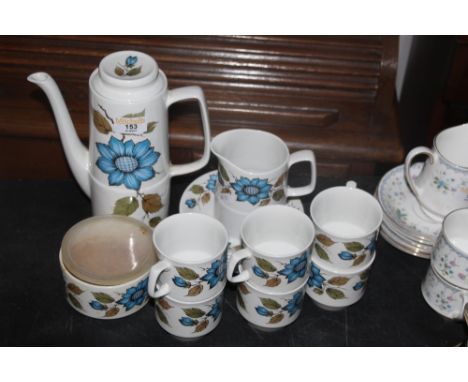 A British anchor pottery "Fleurette" coffee service, comprising coffee pot, sugar basin, milk jug , six cups and six saucers