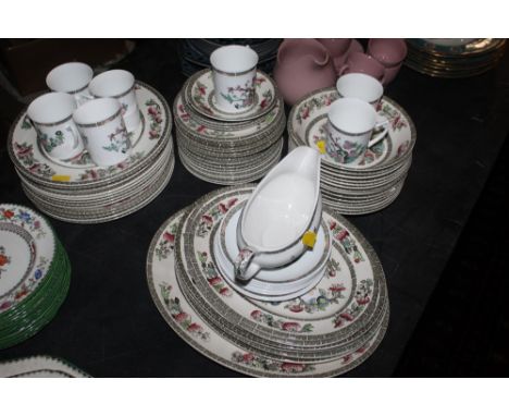 A Johnson Bros Pottery "Indian Tree", part dinner service, comprising seven oval meat plates, fourteen bowls, four saucers an
