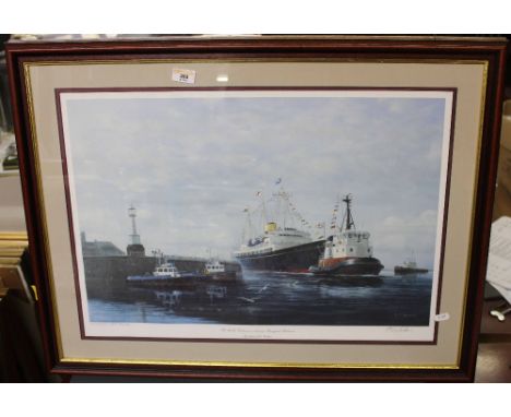 After E.D.Walker, signed first edition print HMS Britannia entering Maryport Harbour, limited edition No. 115 of 500, mounted