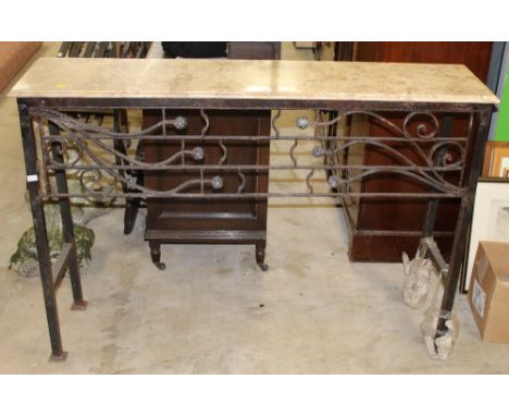 An oblong variegated marble topped wrought iron garden console table, 97 cm x 143 cm x 34.5 cm