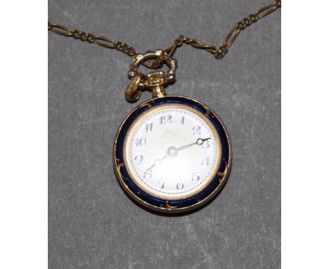 A Pontifa enamelled and gilt metal pendant fob watch on gilt metal chain (minor enamel loss)