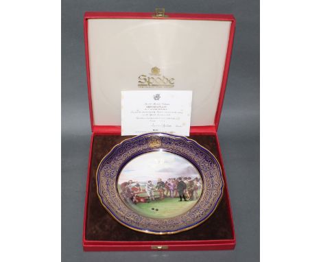 A Spode bone china armada plate - "A game of bowls", 23 cm diameter, No. 1574 of 2000 with certificate, cased 