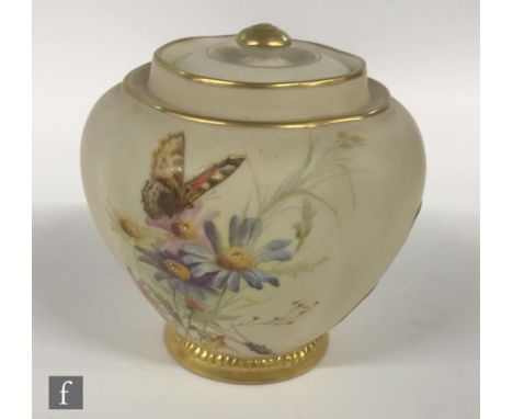A Royal Worcester vase and cover decorated with a butterfly and a cricket, on a spray of meadow flowers, all to a pale ground