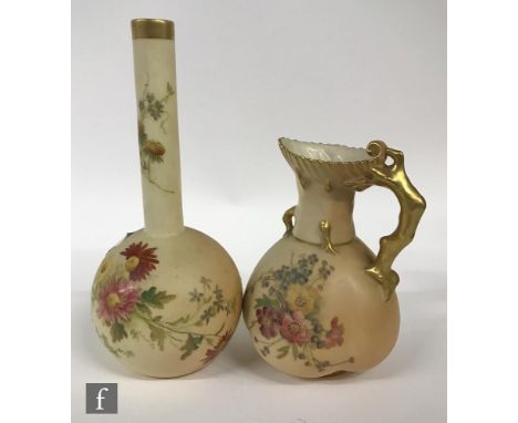 A Royal Worcester jug of quatrelobed form with rustic handle, decroated with floral sprays to the blush ivory ground, shape 1